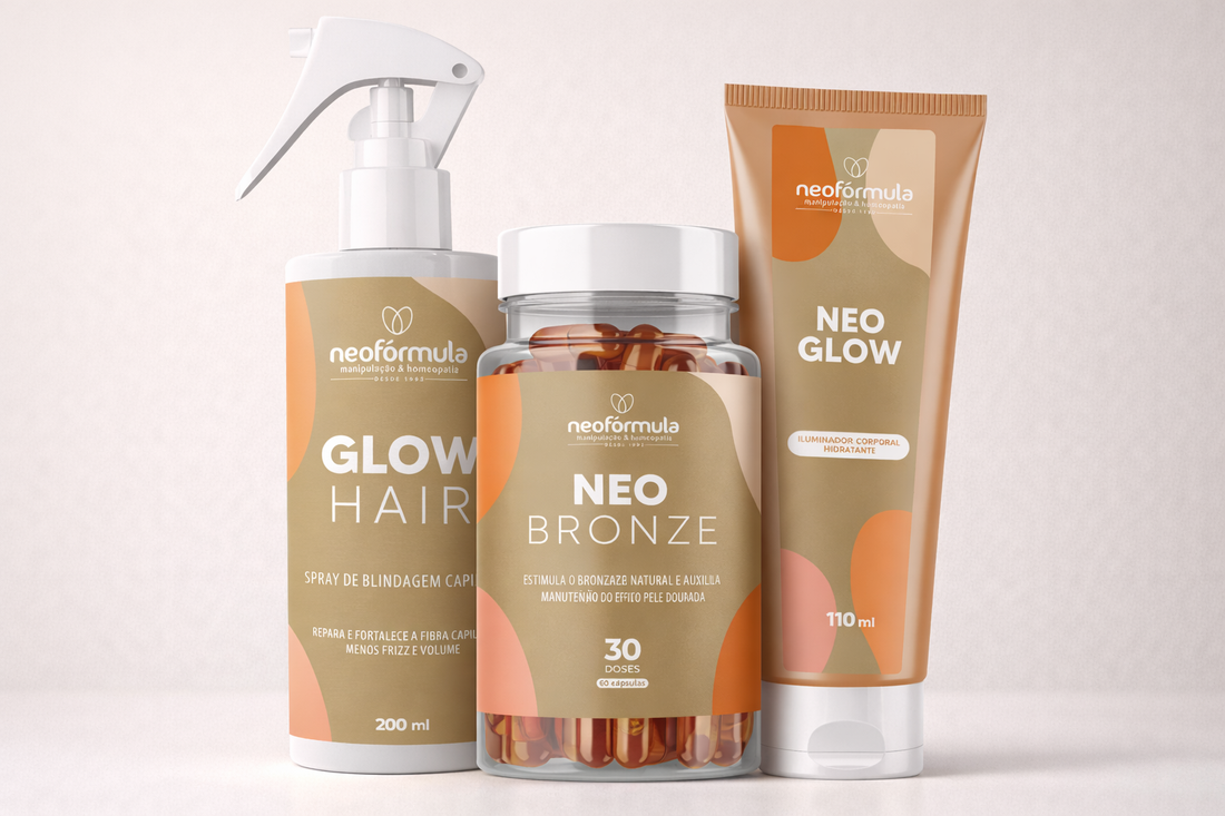 Kit Neo Verão: Neo Bronze Intensificador de Bronzeado - Neo Glow hidratante corporal - Spray Hair Glow Anti-frizz