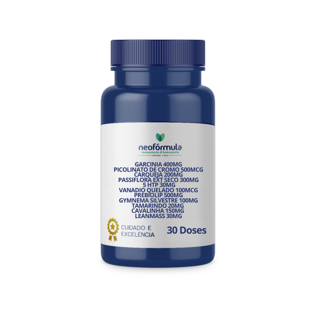 Garcinia 400mg, Picolinato de cromo 500mcg , Carqueja 200mg , Passiflora ext seco 300mg , 5 HTP 30mg, Vanadio quelado 100mcg , PreBioLip 500mg , Gymnema silvestre 100mg , Tamarindo 20mg, Cavalinha 150mg , LeanMass 30mg 30 DOSES