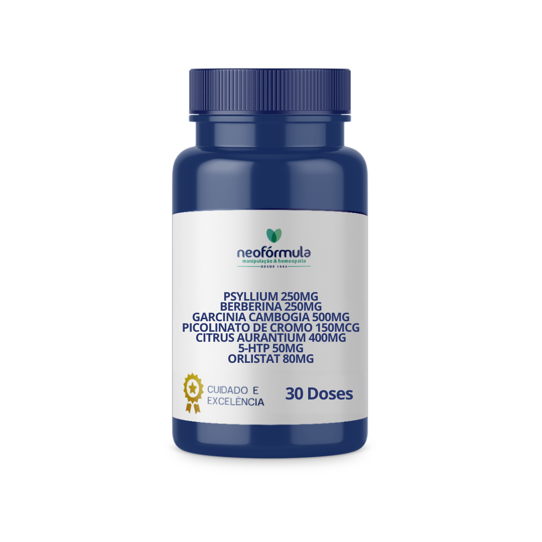 Psyllium 250mg ;Berberina 250mg; Garcinia Cambogia 500mg; Picolinato de Cromo 150mcg; Citrus Aurantium 400mg; 5-HTP 50mg; Orlistat 80mg - 30 doses