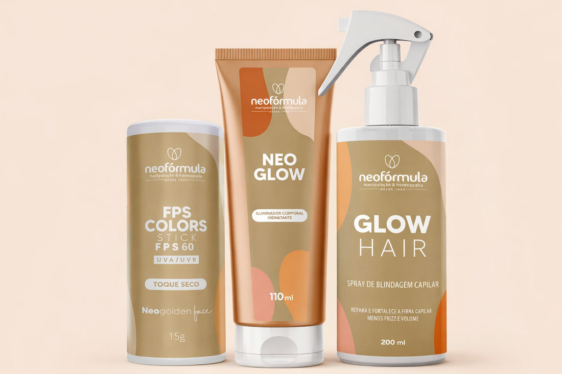 Kit Neo Verão: Filtro Solar Colors STICK FPS 60 NUDE - Neo Glow hidratante corporal - Spray Hair Glow Anti-frizz